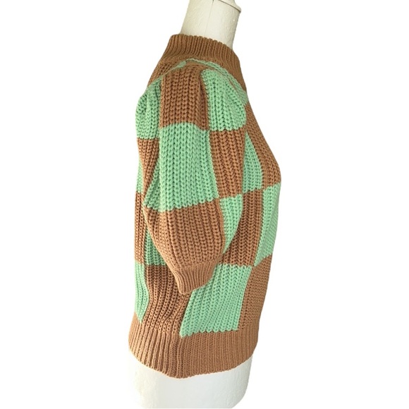 NWT English Factory Mint Green Tan Check Plaid Puff Sleeve Crop Sweater - XS - Picture 10 of 16